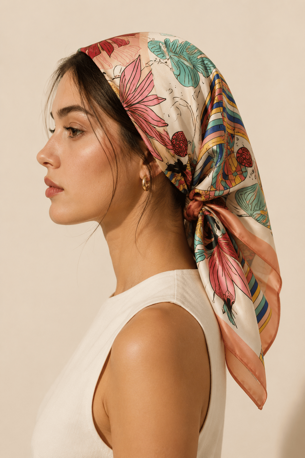 Kadın Geometrik Tropikal Yaprak Desenli Saten Fular Bandana 56x56 cm - Soğan Kabuğu