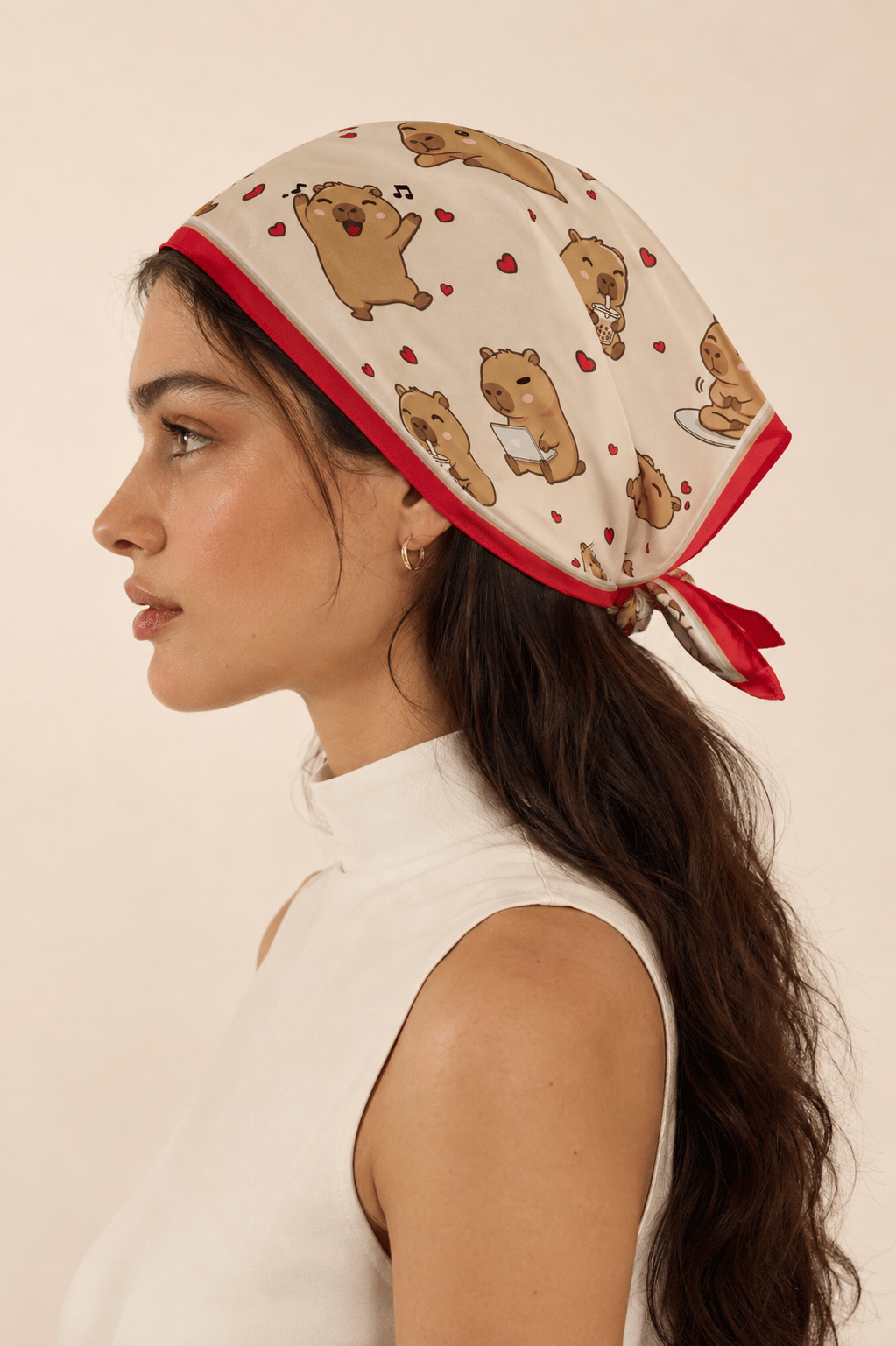 Kadın Kapibara Desenli Saten Fular Bandana 55x55 cm - Canlı Fuşya