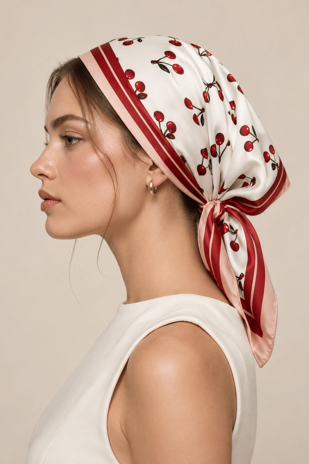Kadın Kiraz Desenli Saten Fular Bandana 56x56 cm - Somon Bordo