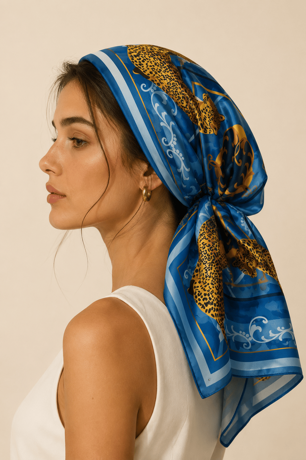 Kadın Leopar Madalyon Desenli Saten Fular Bandana 56x56 cm - Koyu Mint