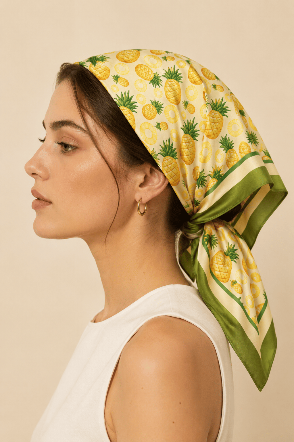 Kadın Mini Ananas Desenli Saten Fular Bandana 56x56 cm - Fıstık Yeşil