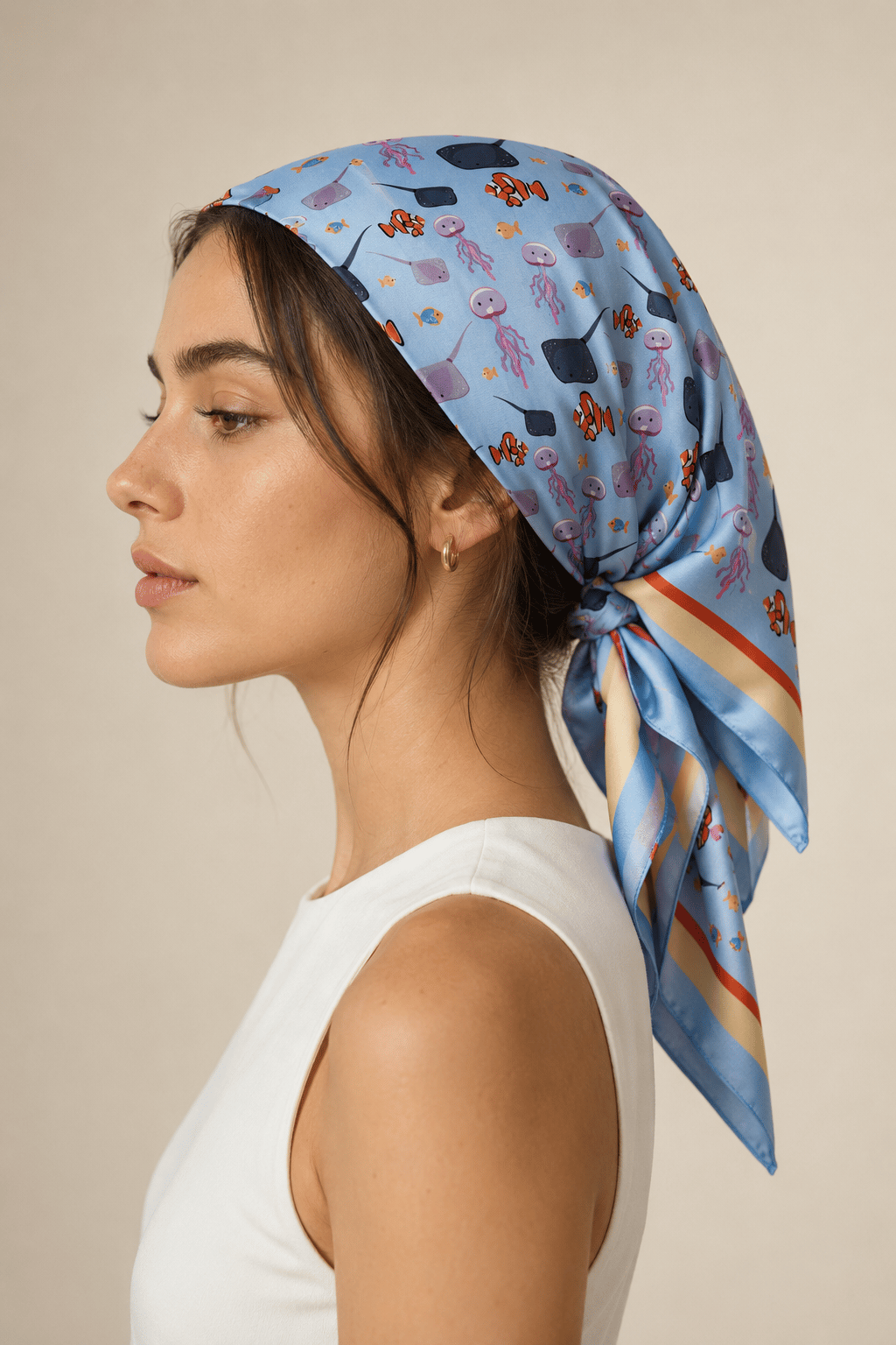 Kadın Pastel Mozaik Desenli Saten Fular Bandana 56x56 cm - Bebe Mavi