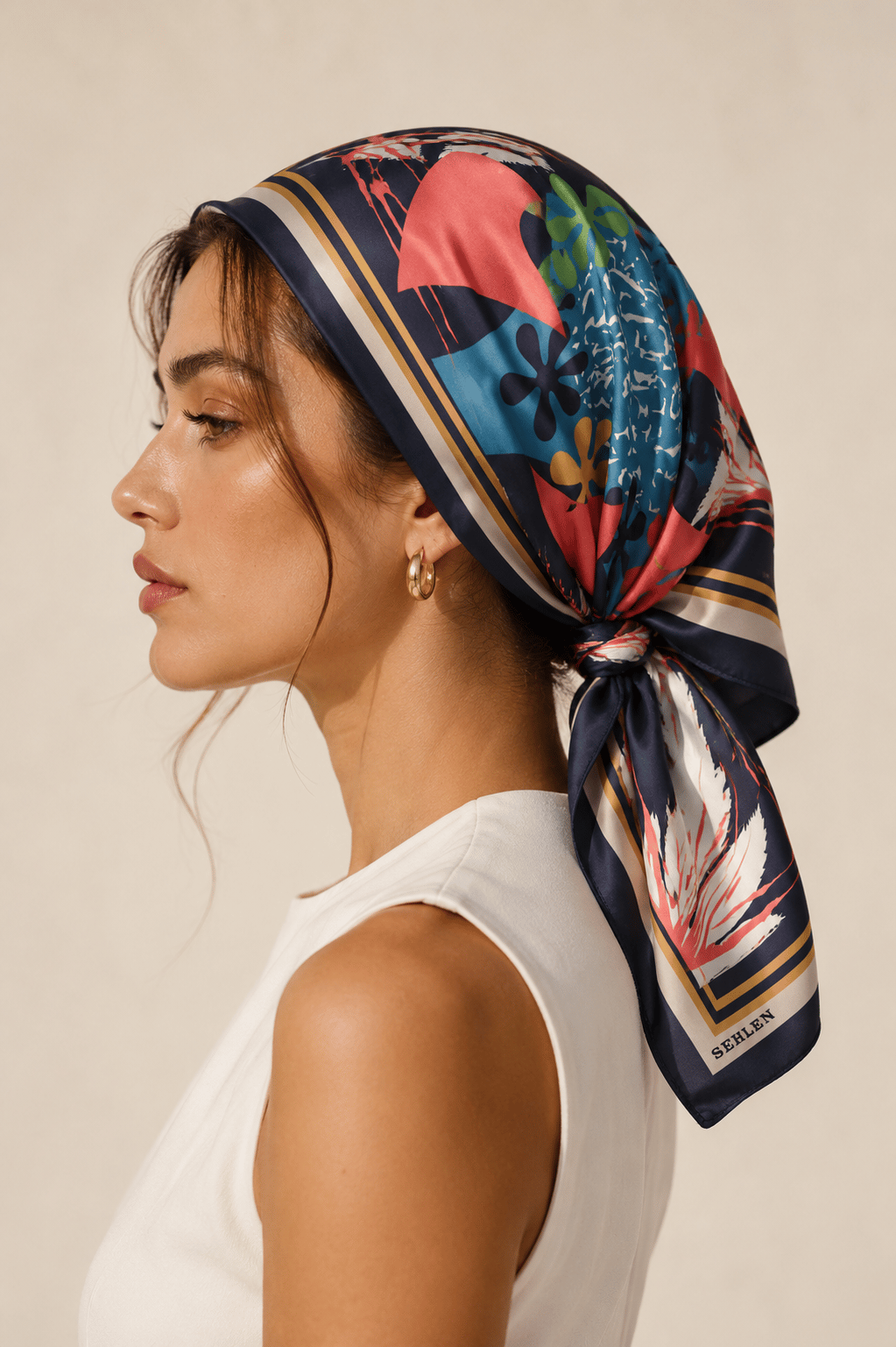 Kadın Soyut Çiçek Desenli Saten Fular Bandana 56x56 cm - Füme