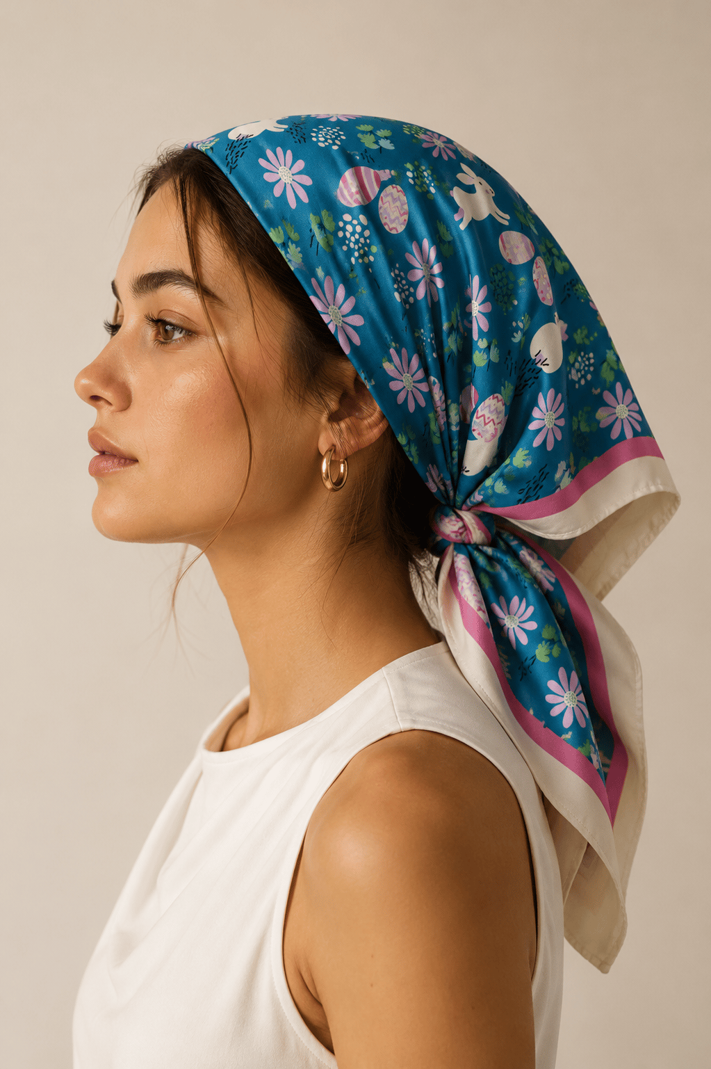 Kadın Tavşan Bahçesi Desenli Saten Fular Bandana 56x56 cm - Krem Koyu Mint