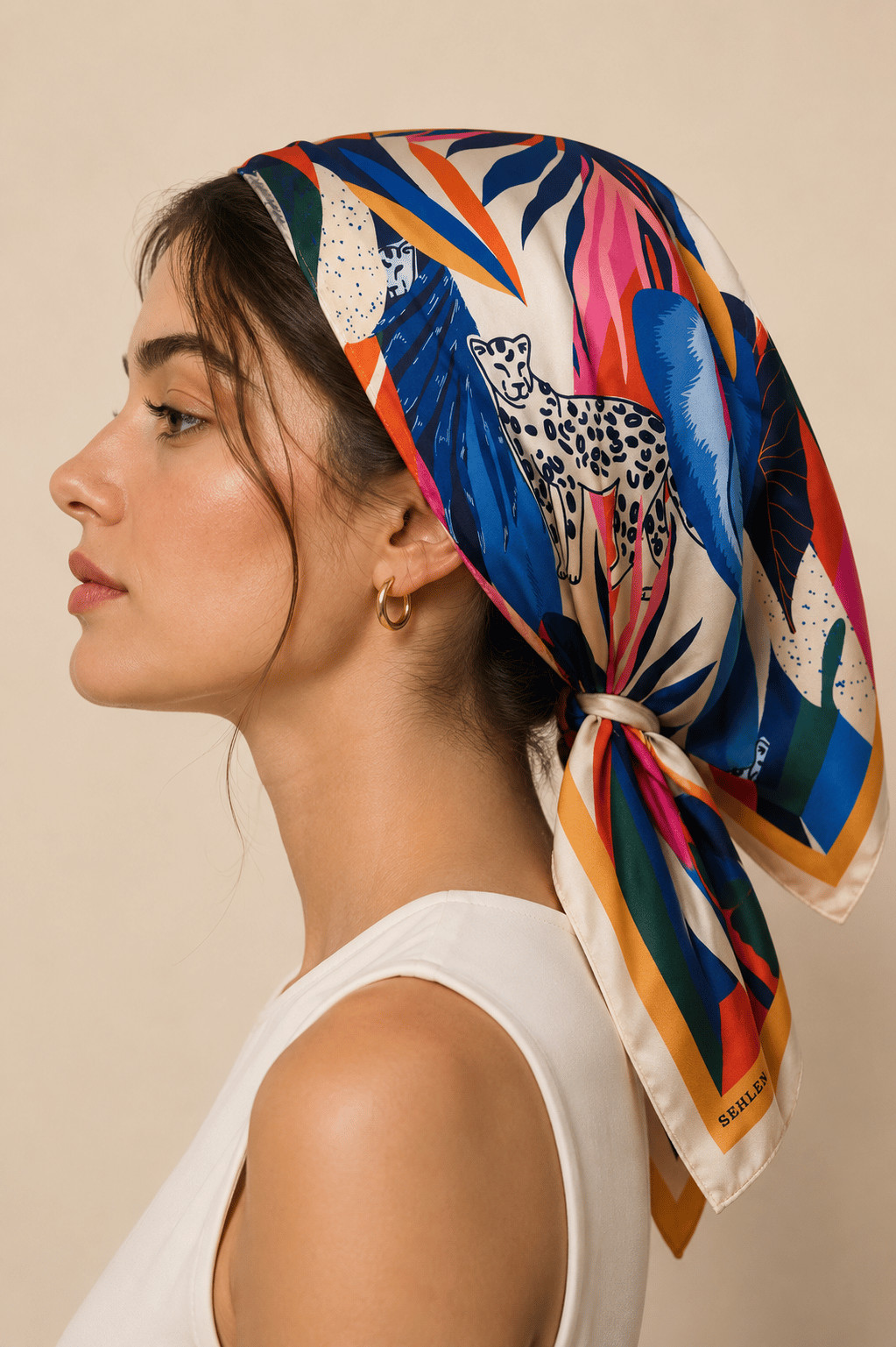 Kadın Tropikal Leopar Desenli Saten Fular Bandana 56x56 cm - Açık Taş Renkli