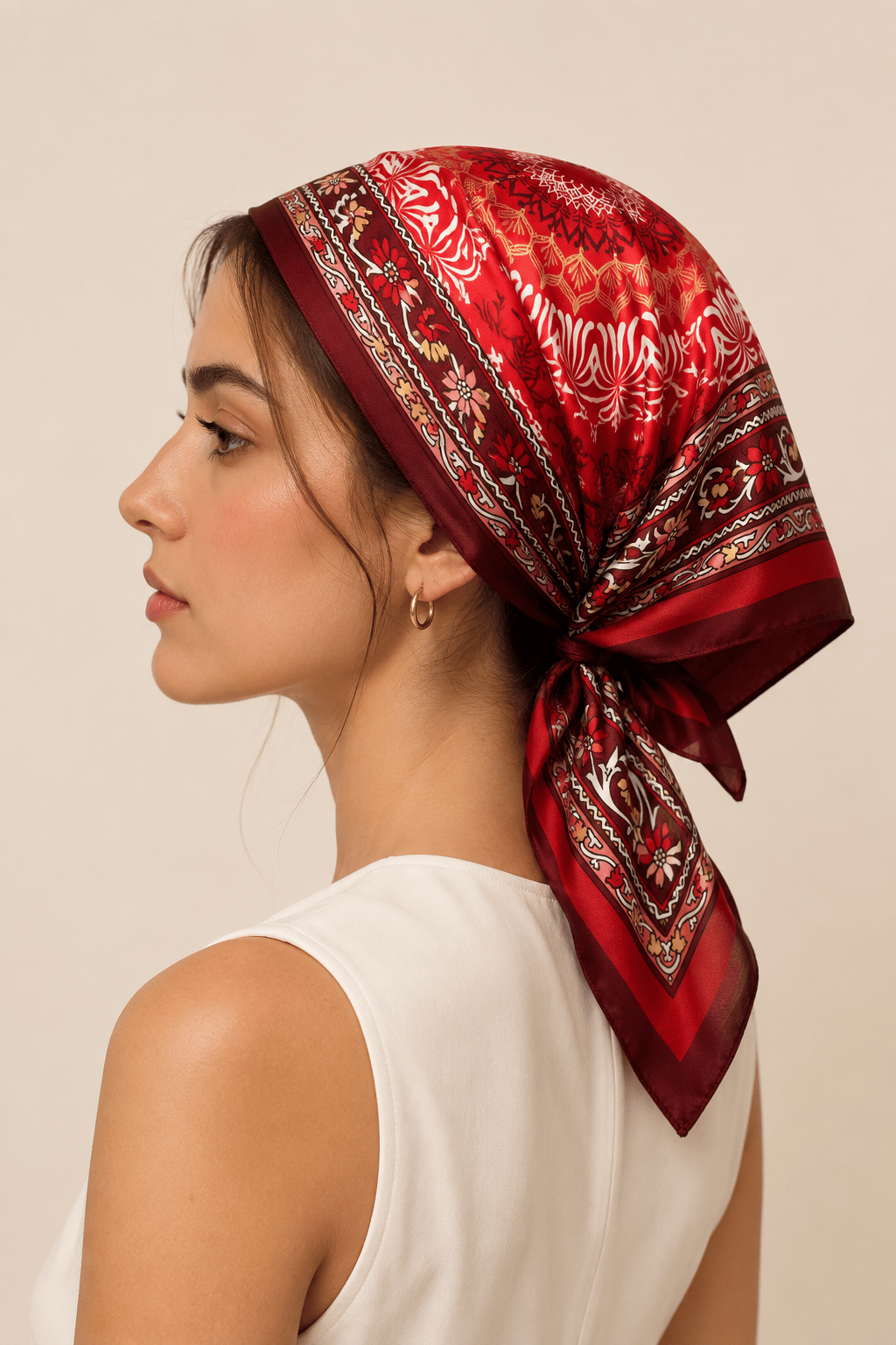Kadın Vintage Madalyon Desenli Saten Fular Bandana 56x56 cm - Koyu Vişne