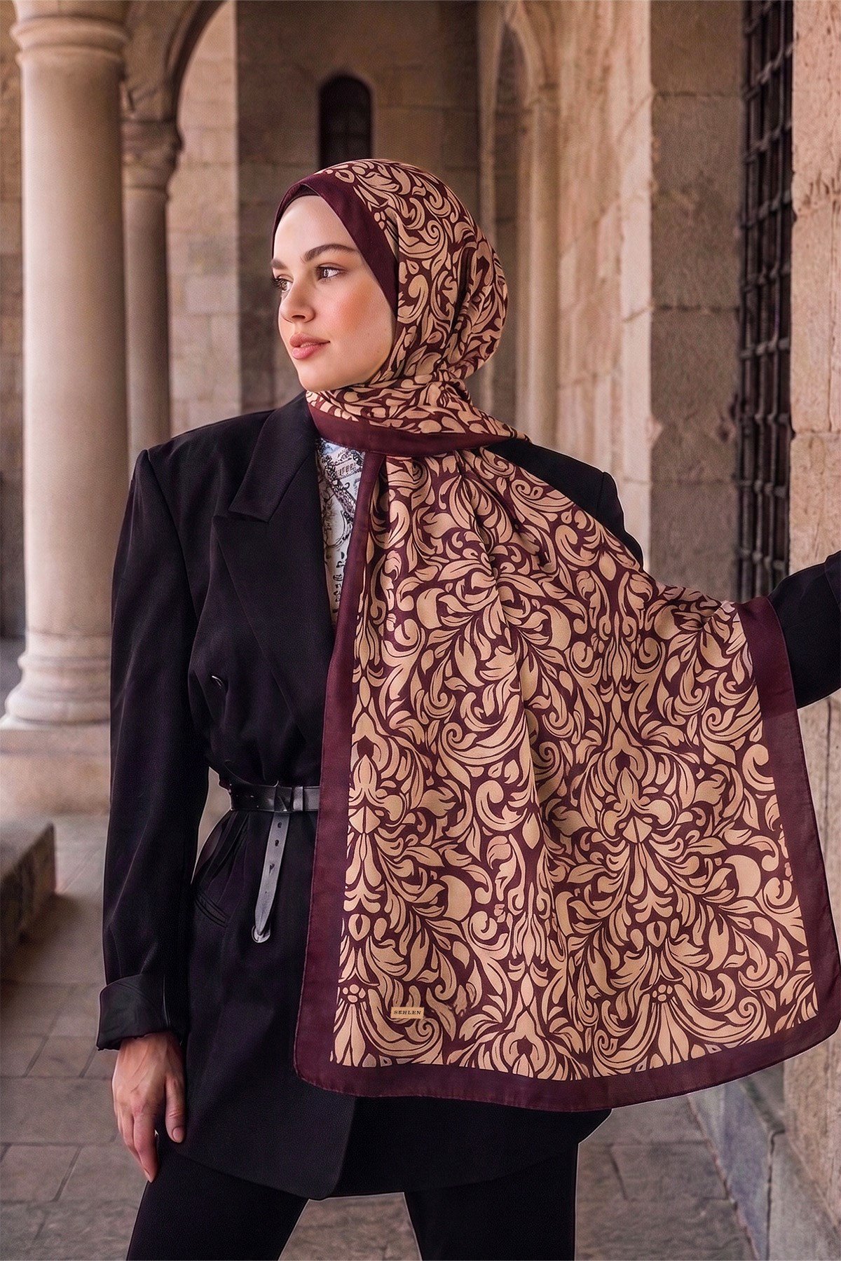 Perla Barok Damask Desenli Şal - Bordo Bej