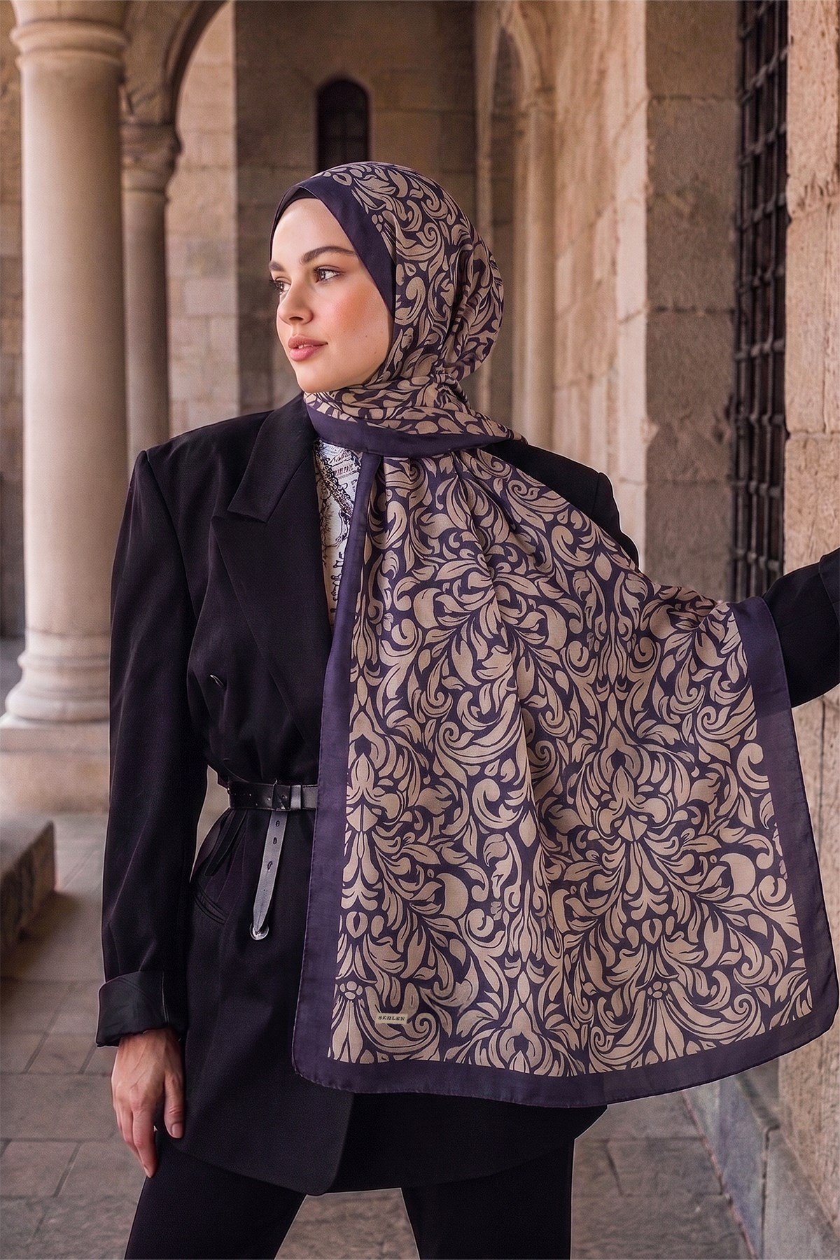 Perla Barok Damask Desenli Şal - Lacivert Bej