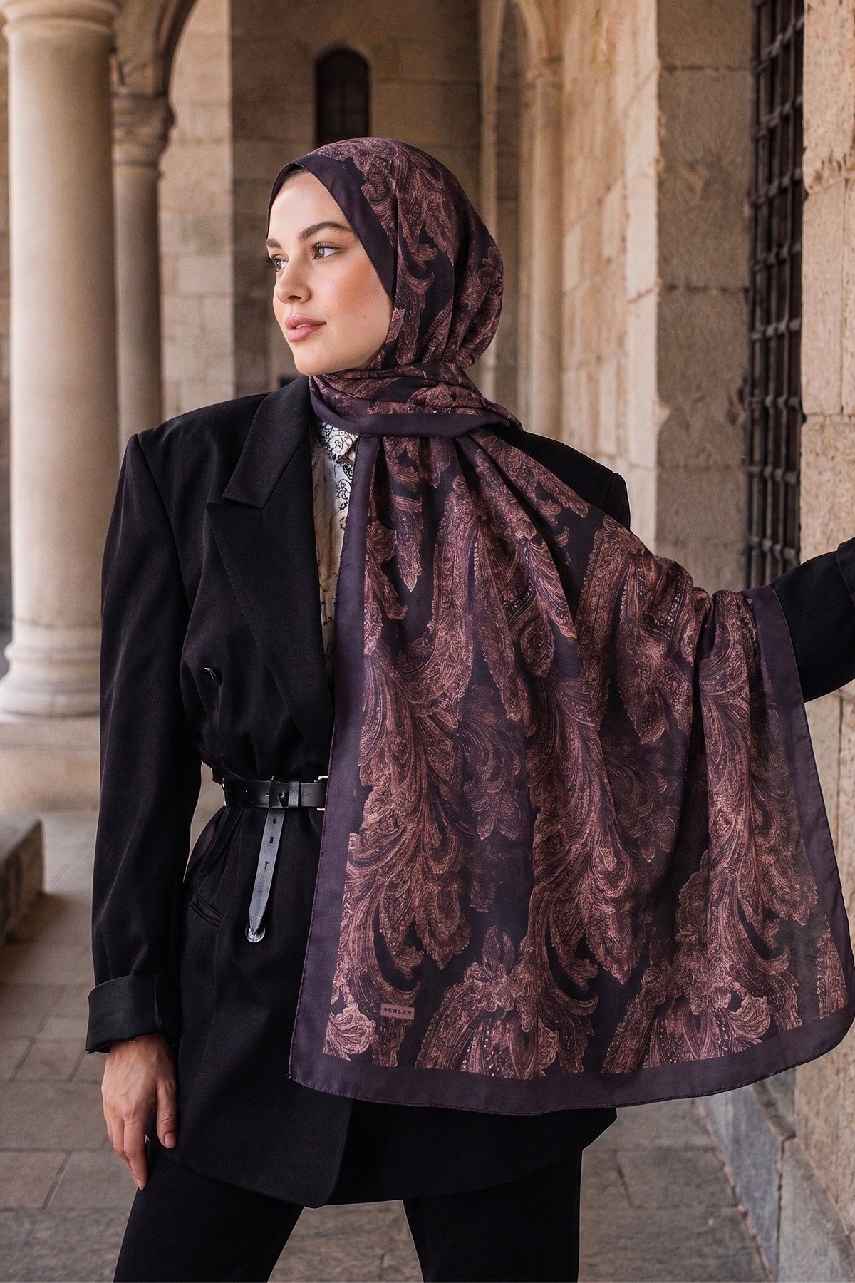 Perla Barok Paisley Desenli Şal - Koyu Vişne
