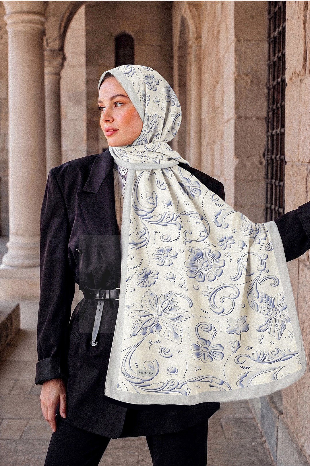 Perla Çini Floral Desenli Şal - Açık Taş