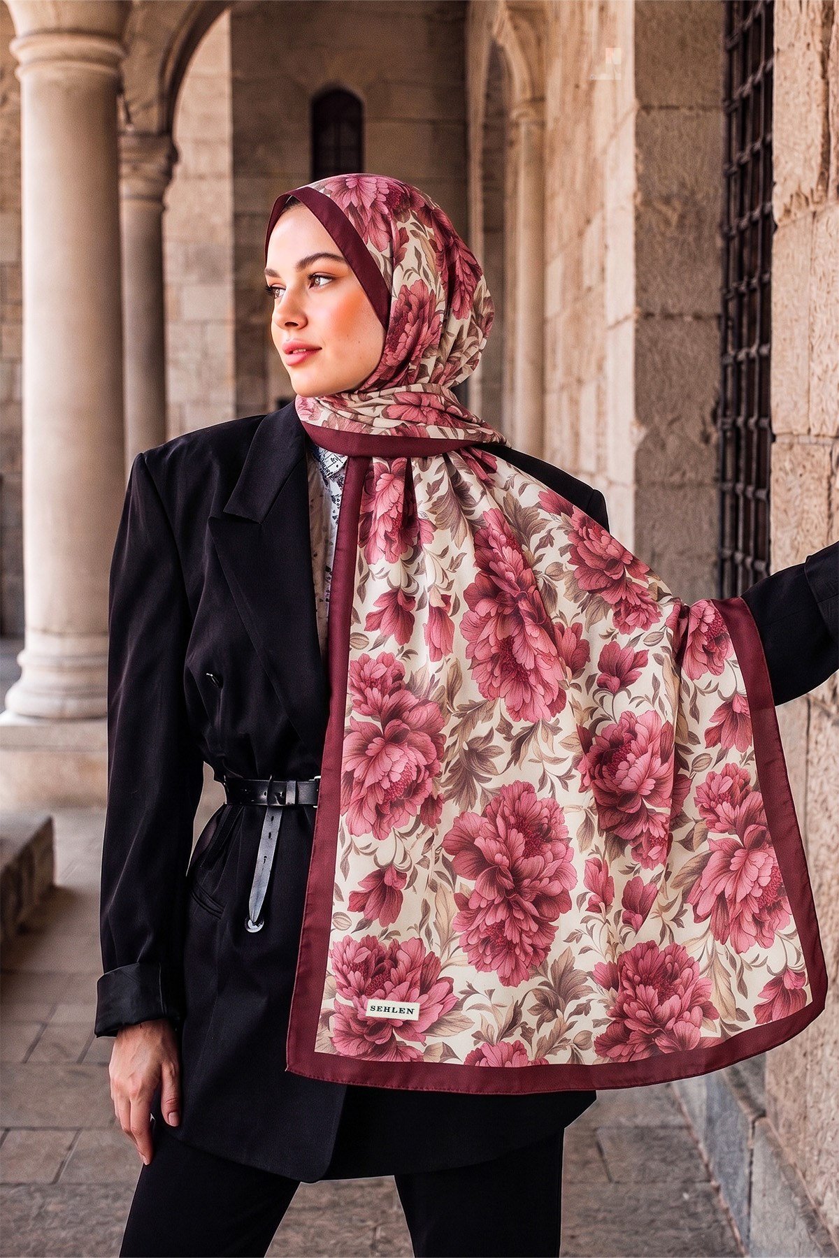Perla Şakayık Bahçesi Desenli Şal - Bordo