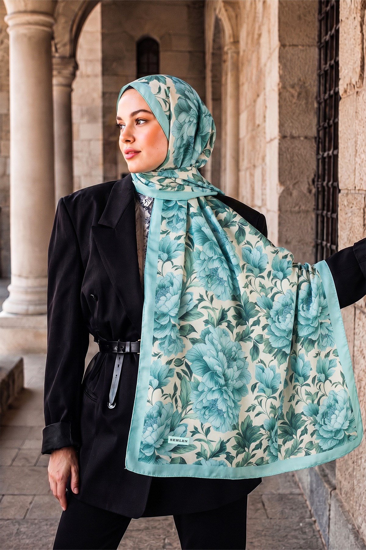 Perla Şakayık Bahçesi Desenli Şal - Mint Yeşil