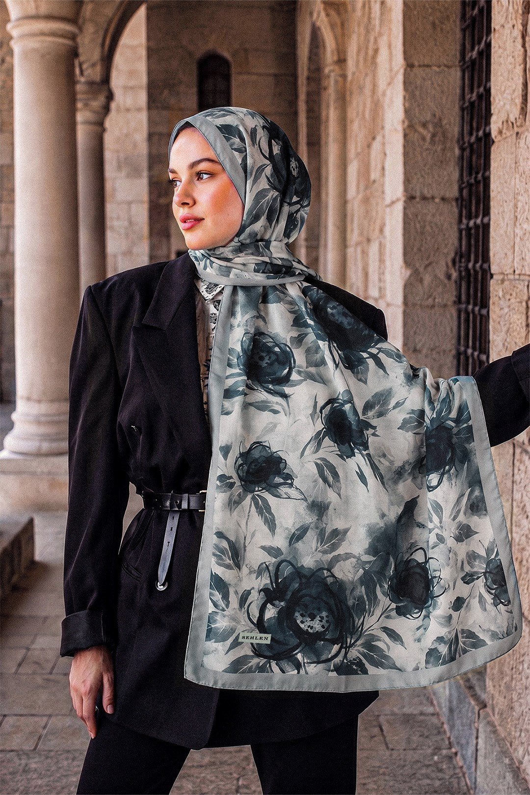 Perla Suluboya Gül Desenli Şal - Küf Yeşil