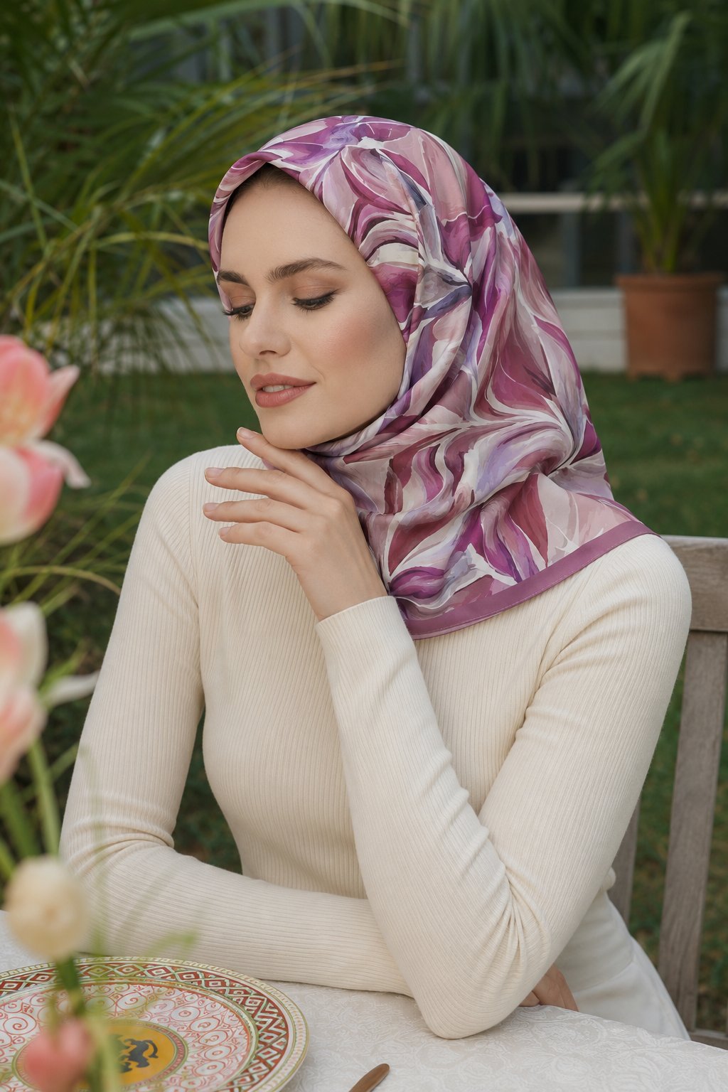 Soft Eşarp Botanik Yaprak Desen - Gül Kurusu