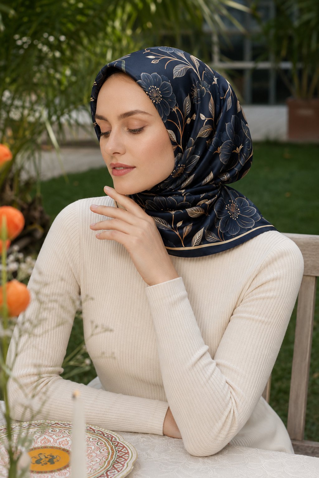 Soft Eşarp Gold Çiçek Desen - Lacivert