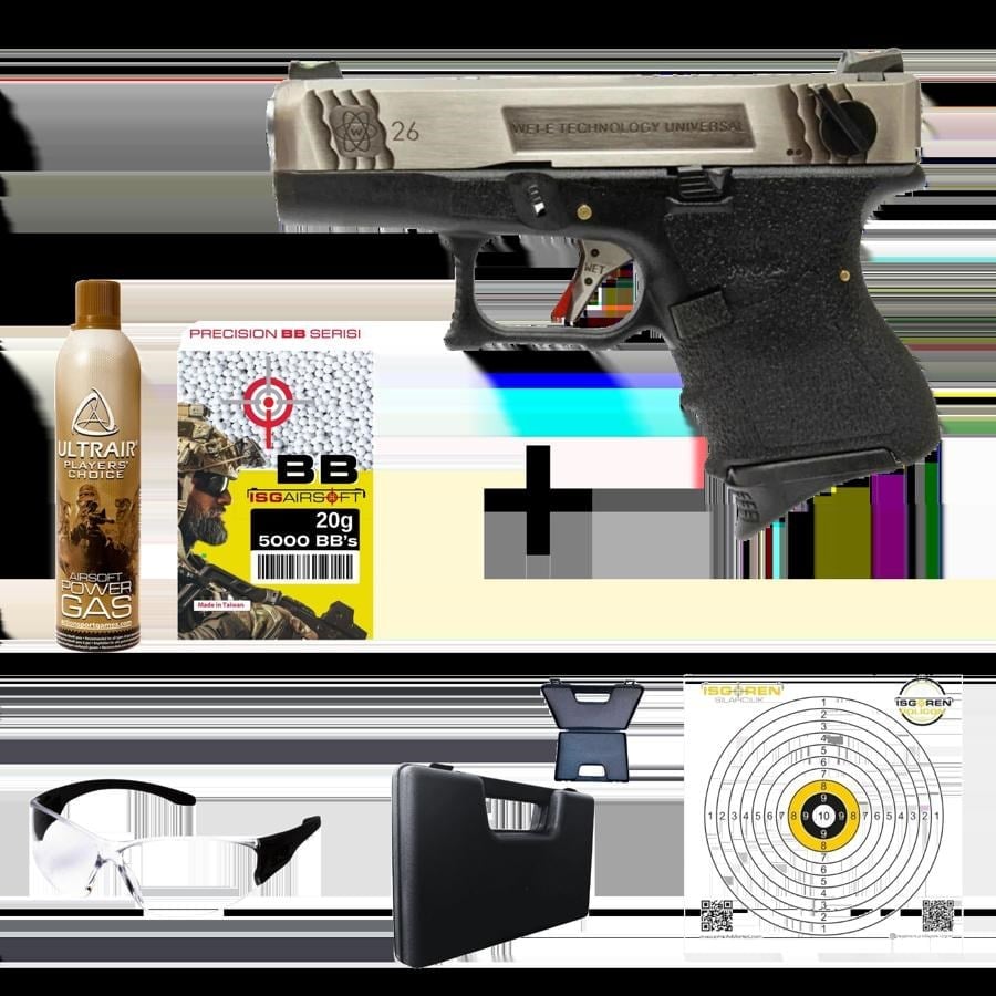 WE GLOCK26 G26 FullAuto T7 GBB Airsoft Tabanca Seti-Silver