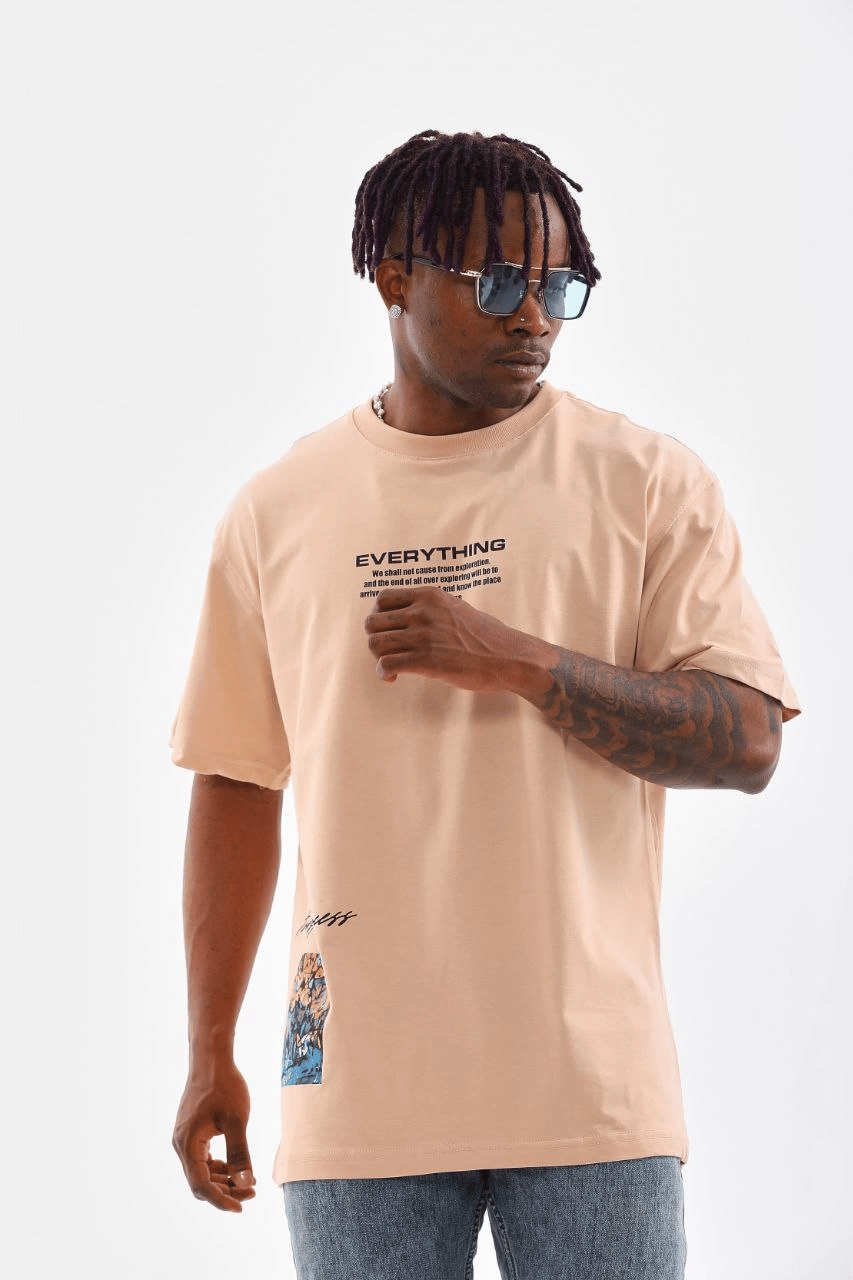 Erkek  Bisiklet Yaka Baskılı Oversize T-Shirt - Bej