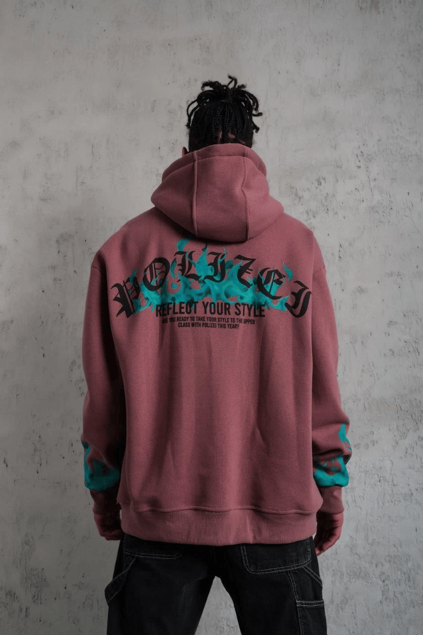 Erkek 3 İplik içi Pamuklu Alev Baskılı Kapüşonlu hoodie Sweatshirt - Gül Kurusu