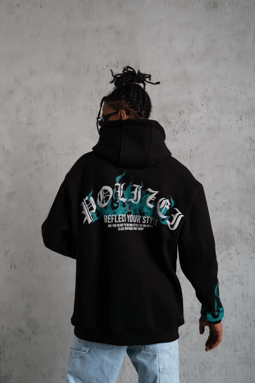 Erkek 3 İplik Pamuklu Alev Baskılı Kapüşonlu hoodie Sweatshirt - Siyah