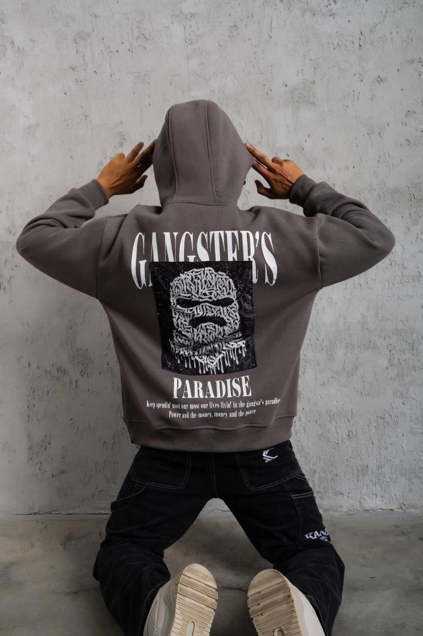 Erkek 3 İplik Pamuklu Baskılı Kapüşonlu Cepli Sweatshirt Hoodie - Gri