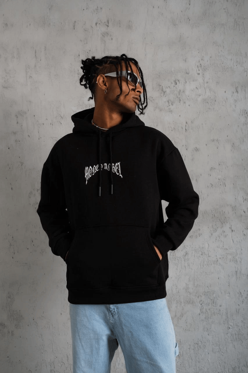 Erkek 3 İplik Pamuklu Baskılı Kapüşonlu Cepli Sweatshirt Hoodie - Siyah
