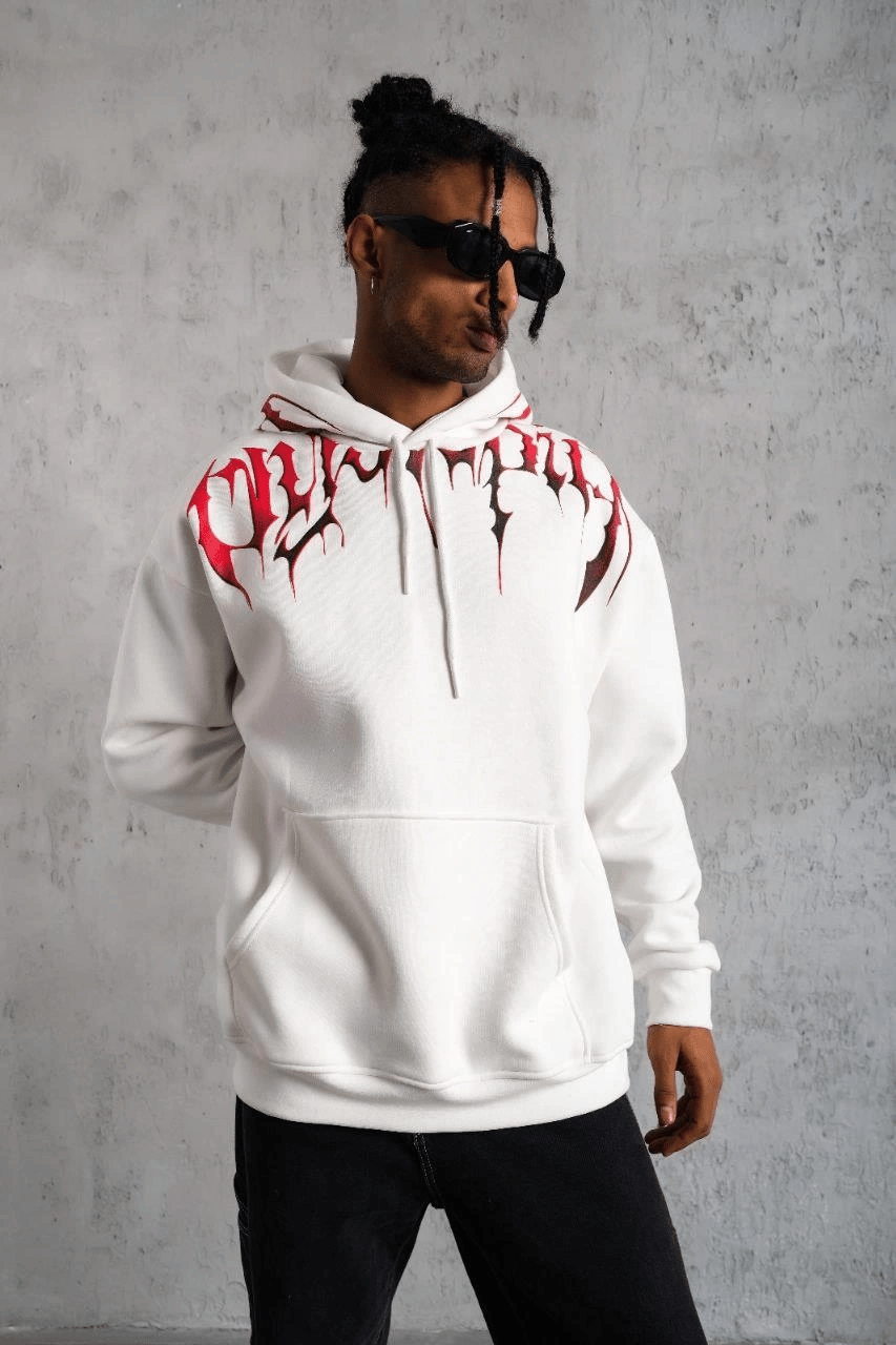 Erkek 3 İplik Pamuklu Baskılı Kapüşonlu Cepli Sweatshirt Hoodie - Beyaz