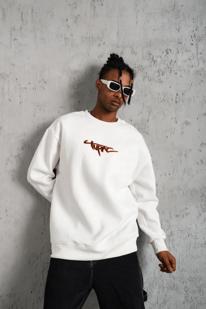 Erkek 3 İplik Pamuklu Bisiklet Yaka Gangster Baskılı Sweatshirt - Beyaz