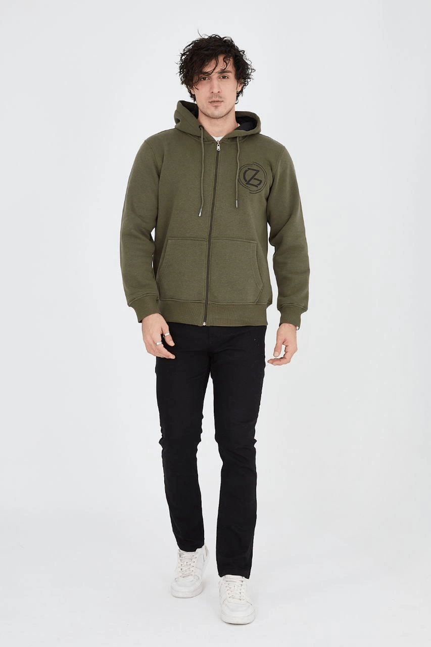 Erkek 3 İplik Pamuklu Fermuarlı Kapüşonlu Kanguru Cepli Baskılı Hoodie Hırka Sweatshirt - Yeşil