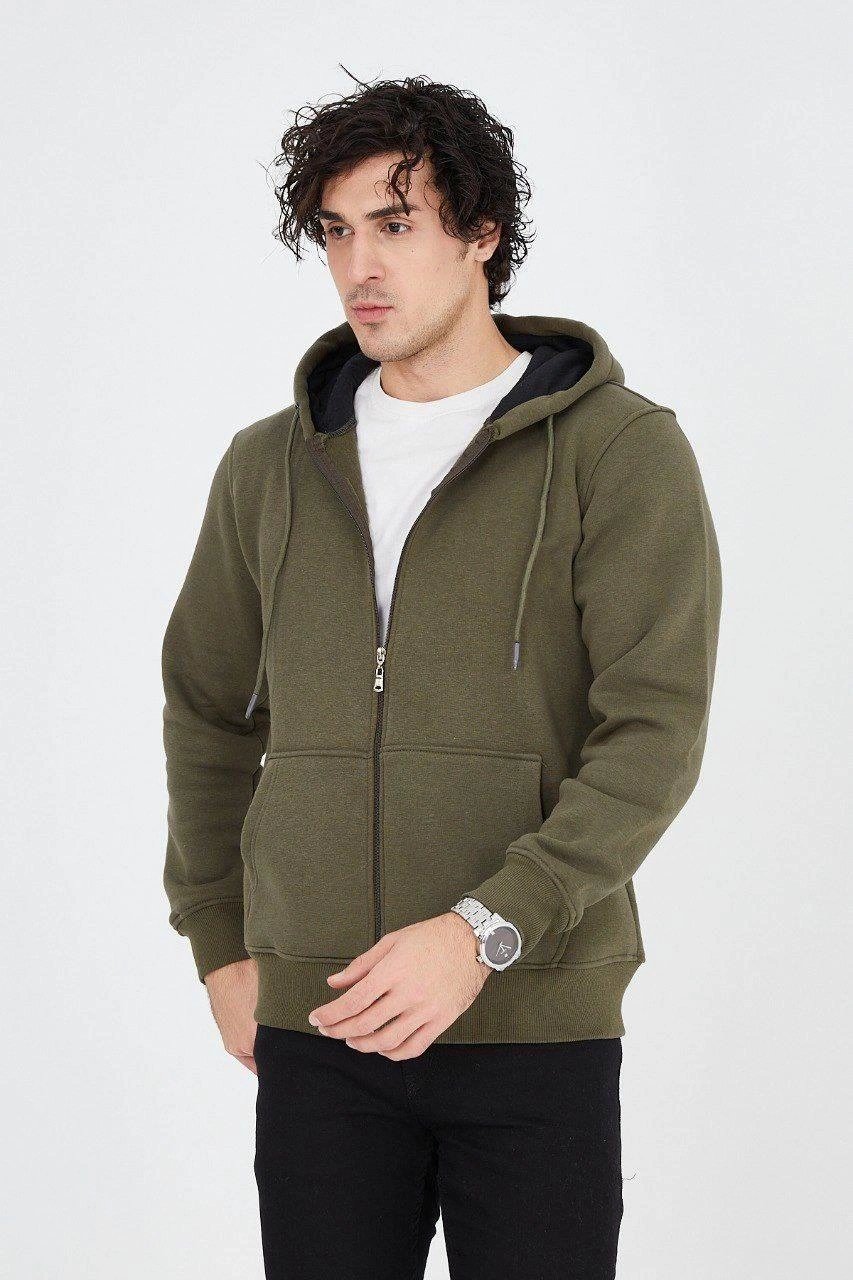 Erkek 3 İplik Pamuklu Fermuarlı Kapüşonlu Kanguru Cepli Hoodie Hırka Sweatshirt - Yeşil