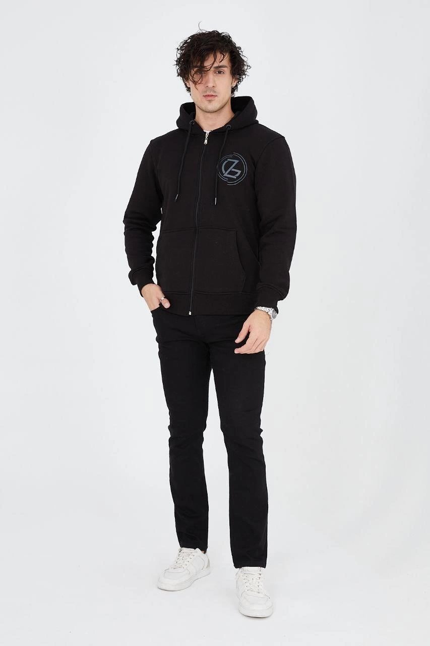 Erkek 3 İplik Pamuklu Fermuarlı Kapüşonlu Kanguru Cepli Baskılı Hoodie Hırka Sweatshirt - Siyah