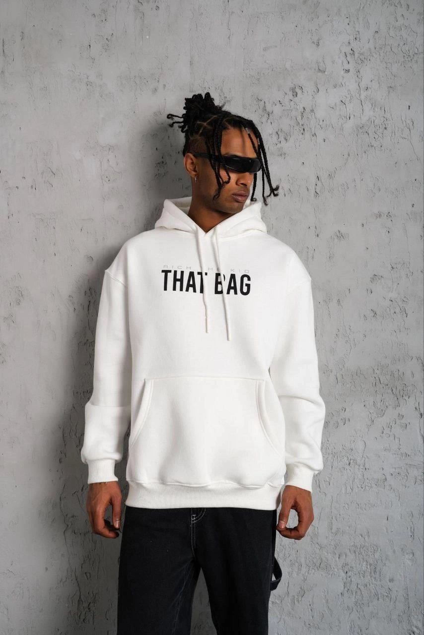 Erkek 3 İplik Pamuklu Kapüşonlu Baskılı Cepli Oversize Sweatshirt Hoodie - Beyaz