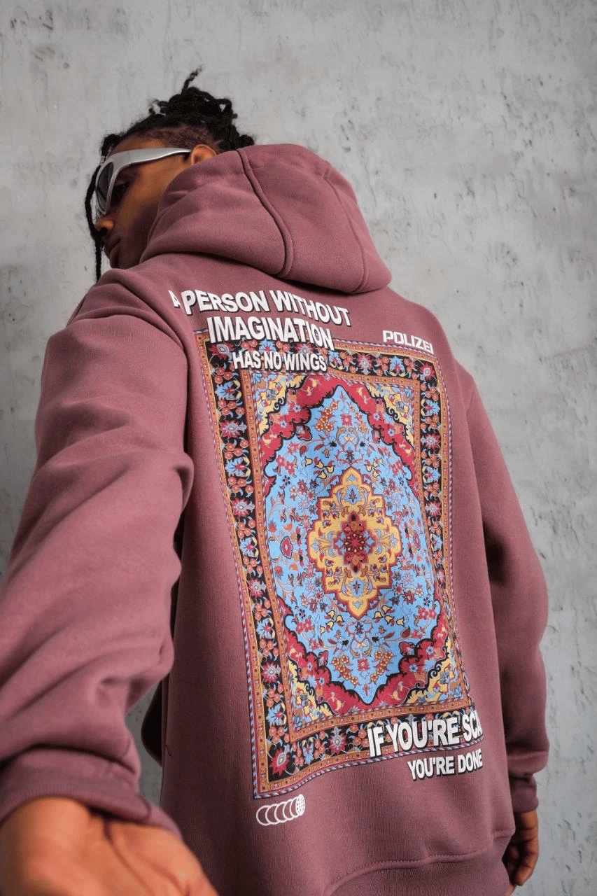 Erkek 3 İplik Pamuklu Kapüşonlu Baskılı Cepli Sweatshirt Hoodie - Gül Kurusu