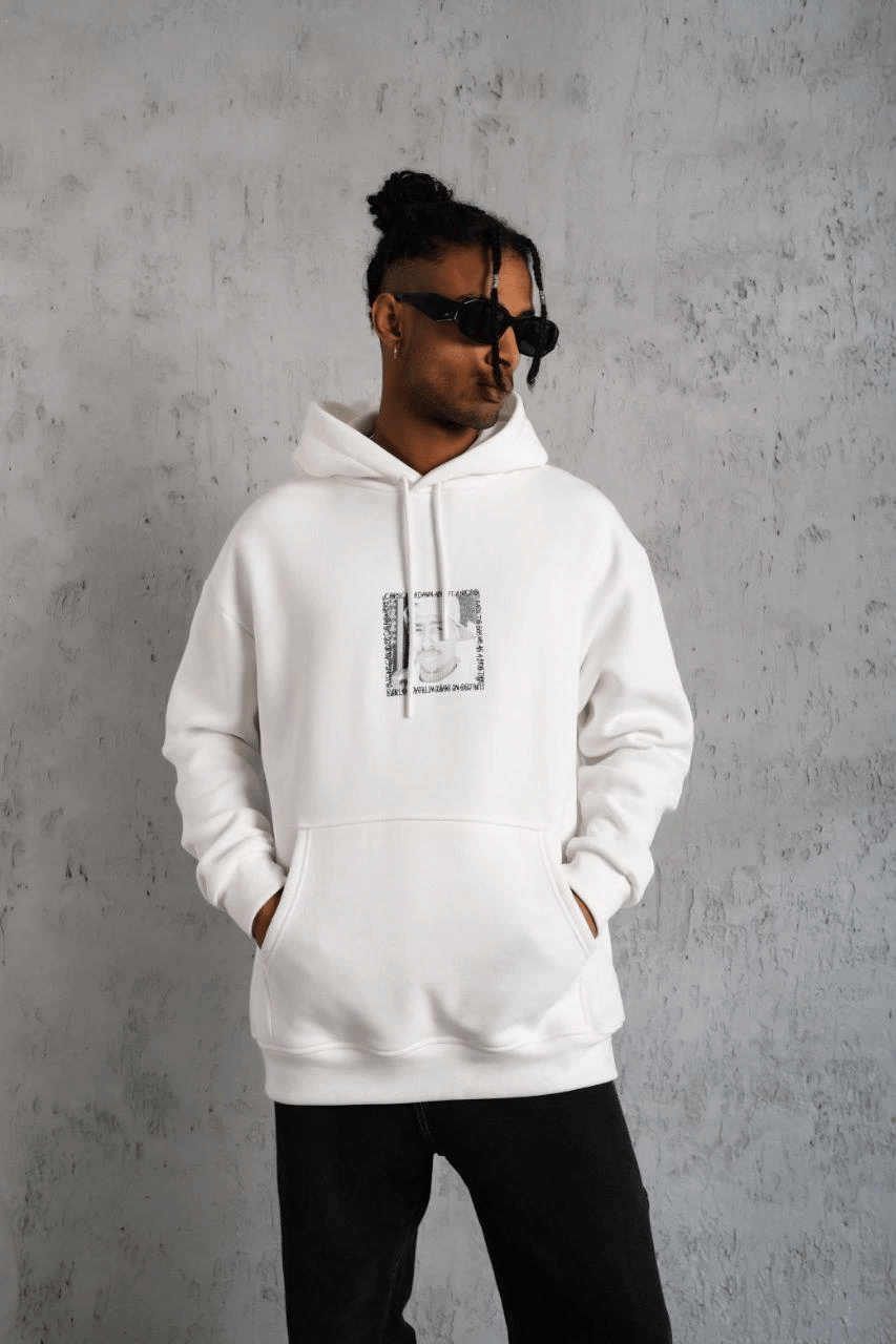 Erkek 3 İplik Pamuklu Kapüşonlu Baskılı Cepli Oversize Sweatshirt Hoodie - Beyaz