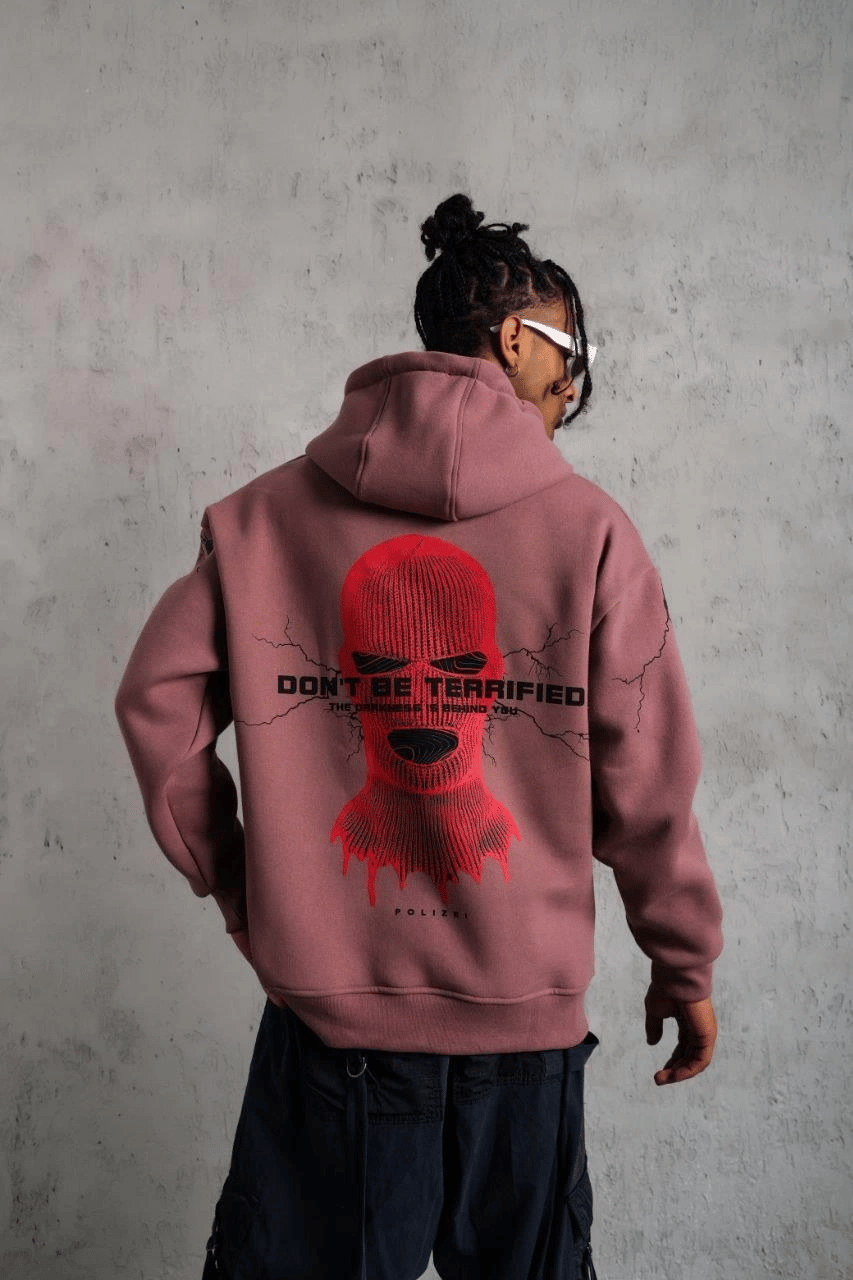 Erkek 3 İplik Pamuklu Kapüşonlu Baskılı Cepli Sweatshirt Hoodie - Gül Kurusu