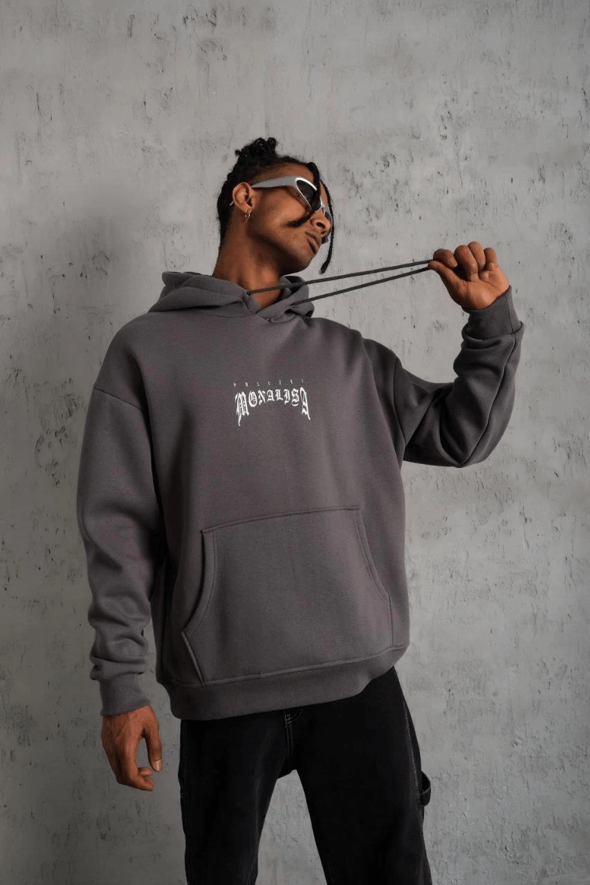 Erkek 3 İplik Pamuklu Kapüşonlu Baskılı Cepli Oversize Sweatshirt Hoodie - Gri