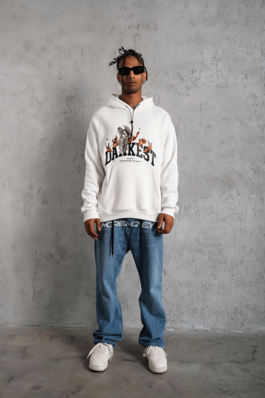 Erkek 3 İplik Pamuklu Kapüşonlu Baskılı Cepli Oversize Sweatshirt Hoodie - Beyaz