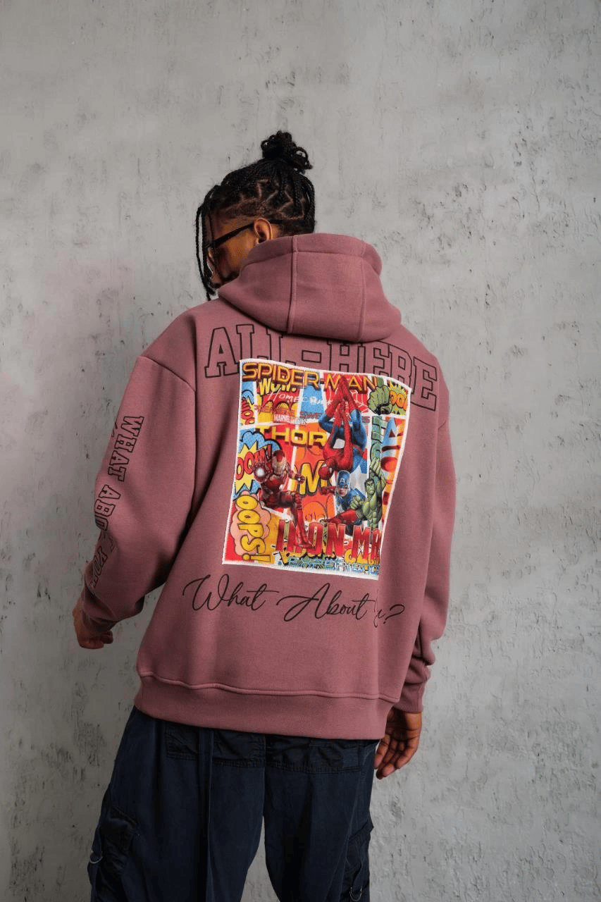 Erkek 3 İplik Pamuklu Kapüşonlu Baskılı Cepli Sweatshirt Hoodie - Gül Kurusu