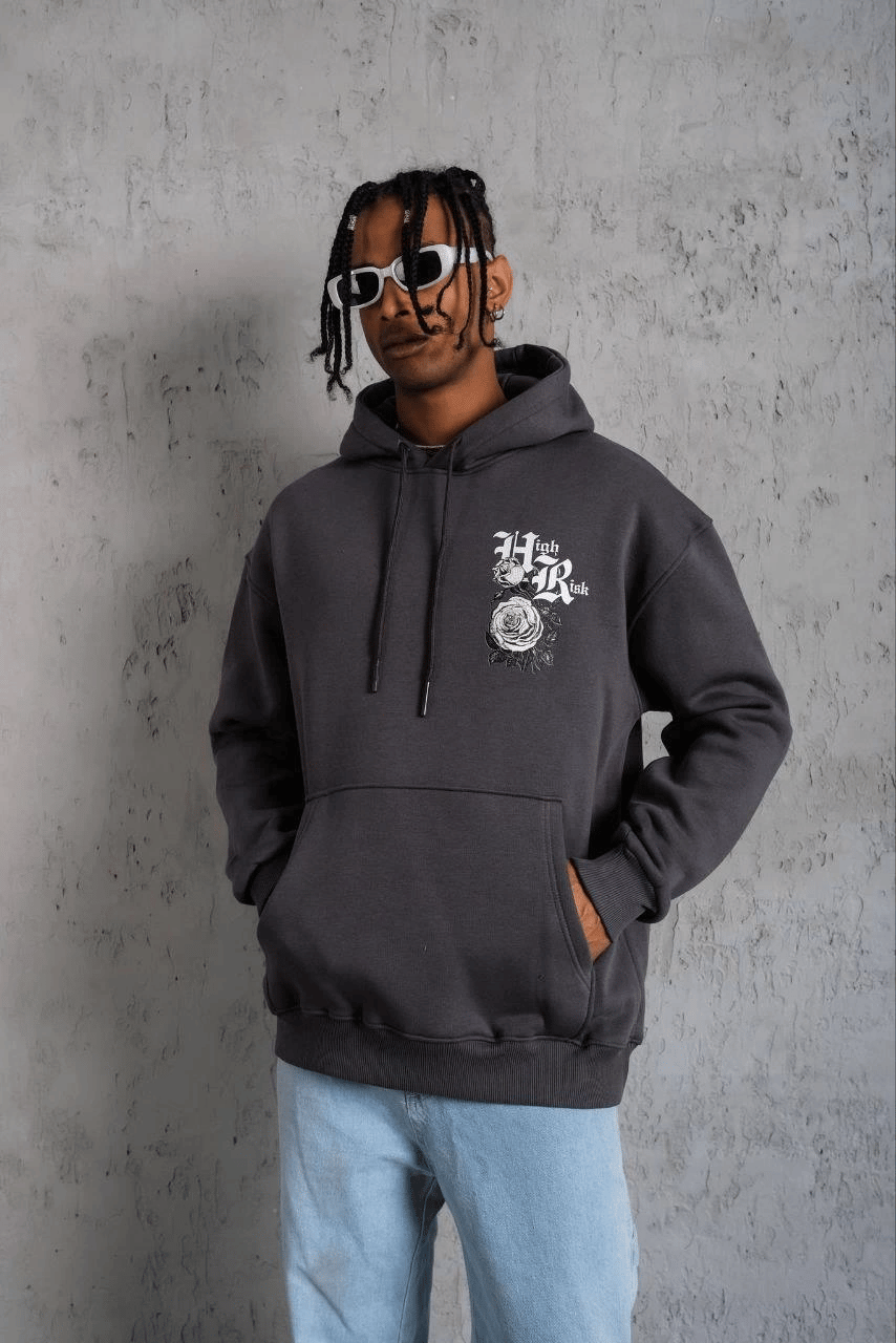 Erkek 3 İplik Pamuklu Kapüşonlu Baskılı Cepli Oversize Sweatshirt Hoodie - Füme
