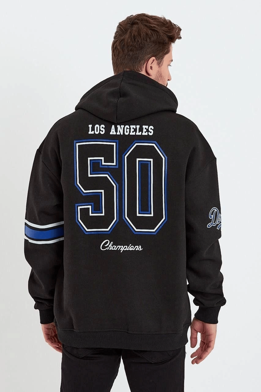 Erkek 3 İplik Pamuklu Kapüşonlu Baskılı Cepli Oversize Sweatshirt Hoodie - Siyah