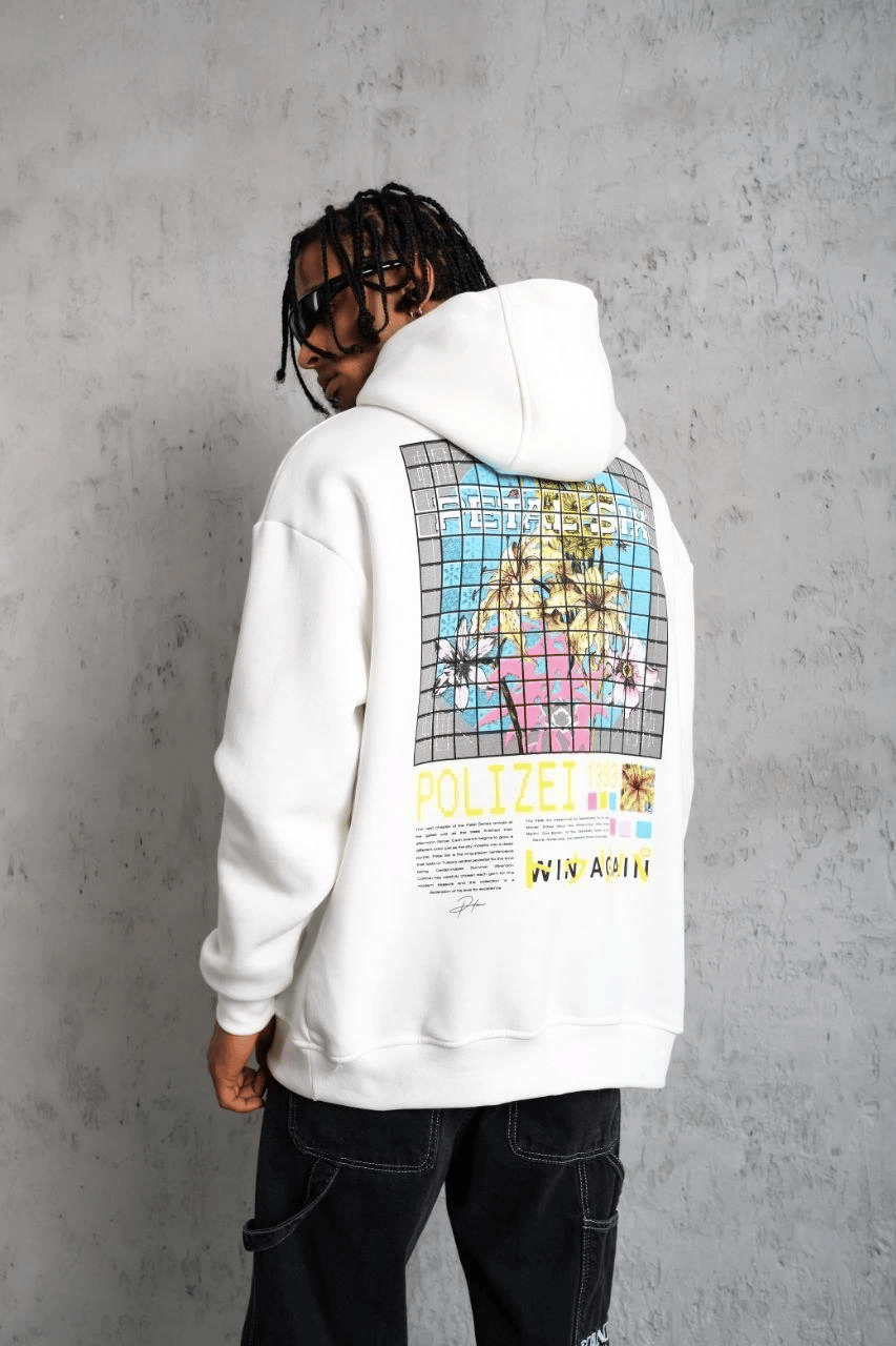 Erkek 3 İplik Pamuklu Kapüşonlu Baskılı Cepli Oversize Sweatshirt Hoodie - Beyaz