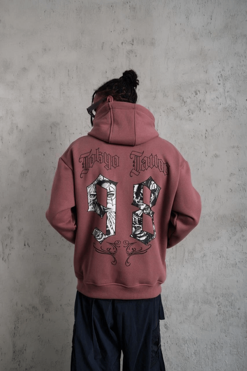 Erkek 3 İplik Pamuklu Kapüşonlu Baskılı Cepli Sweatshirt Hoodie - Gül Kurusu