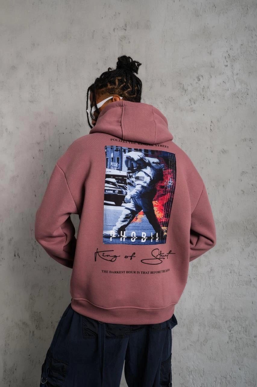 Erkek 3 İplik Pamuklu Kapüşonlu Baskılı Cepli Oversize Sweatshirt Hoodie - Gül Kurusu