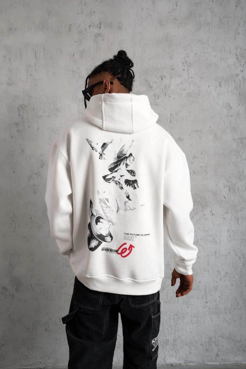 Erkek 3 İplik Pamuklu Kapüşonlu Baskılı Cepli Oversize Sweatshirt Hoodie - Beyaz