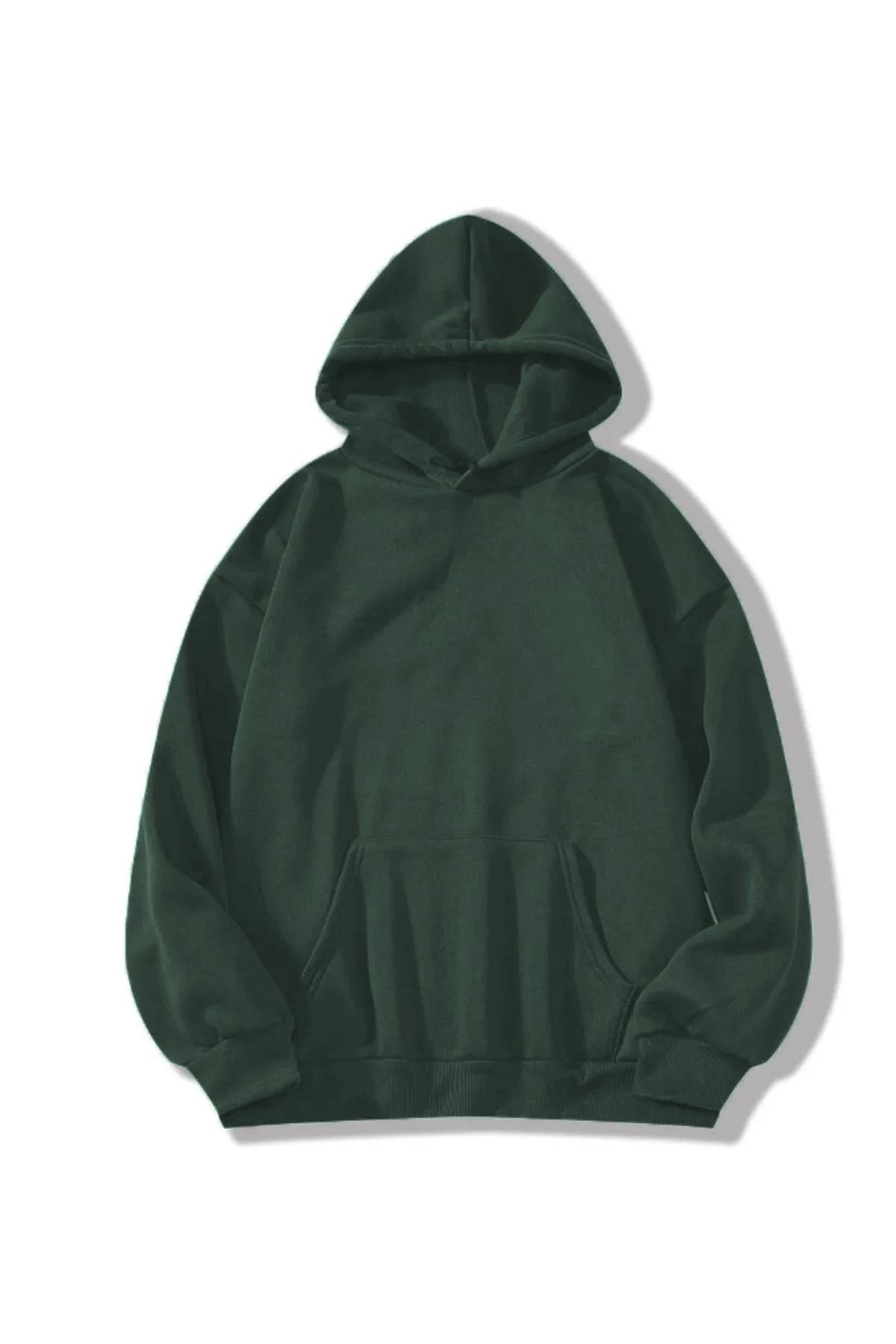 Erkek 3 İplik Pamuklu Kapüşonlu Kanguru Cepli Sweatshirt Hoodie -  Koyu Yeşil