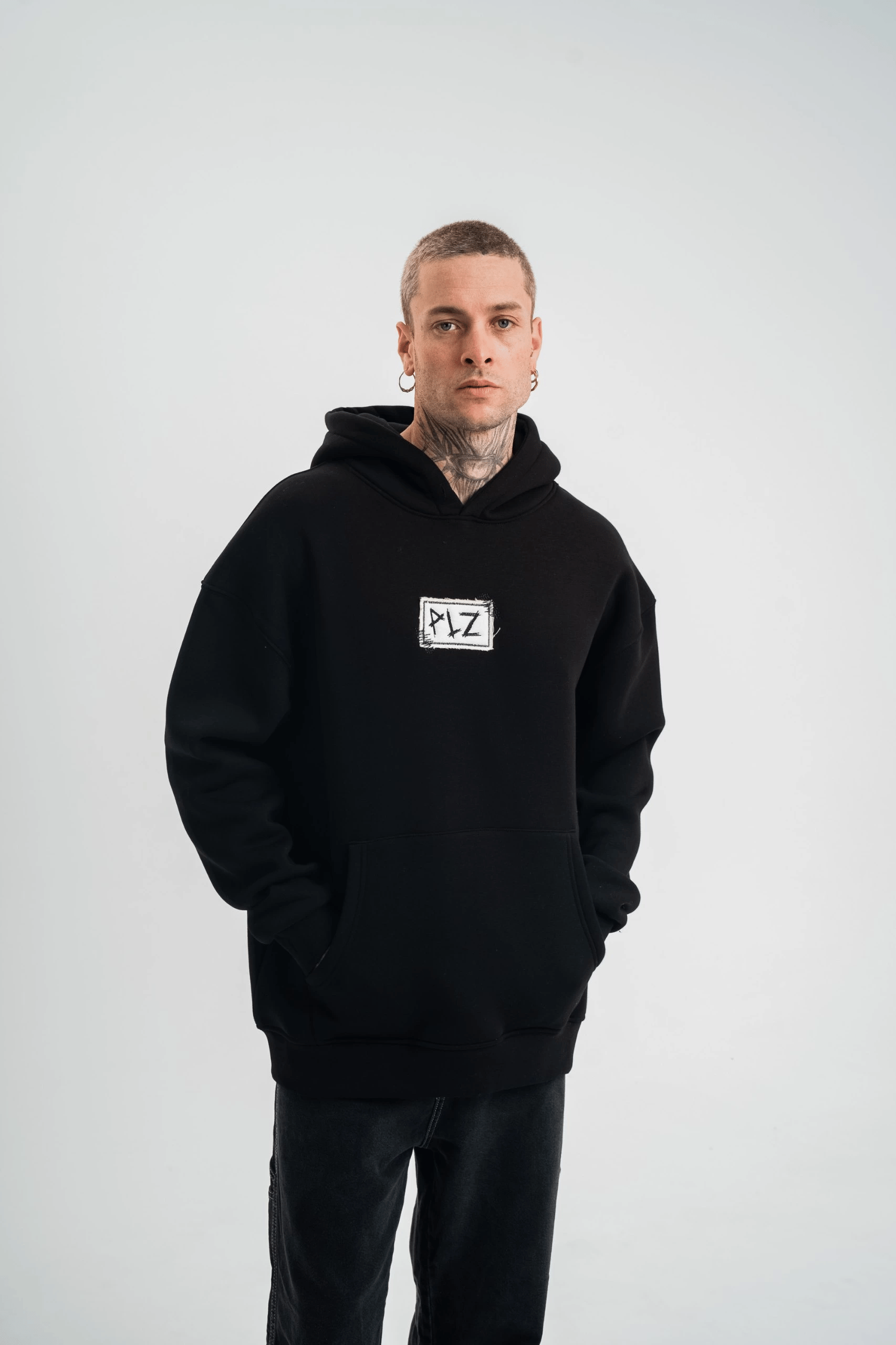 ERKEK 3 İplik Pamuklu Kapüşonlu Patchli Nakışlı Hoodie SweatShirt - Siyah