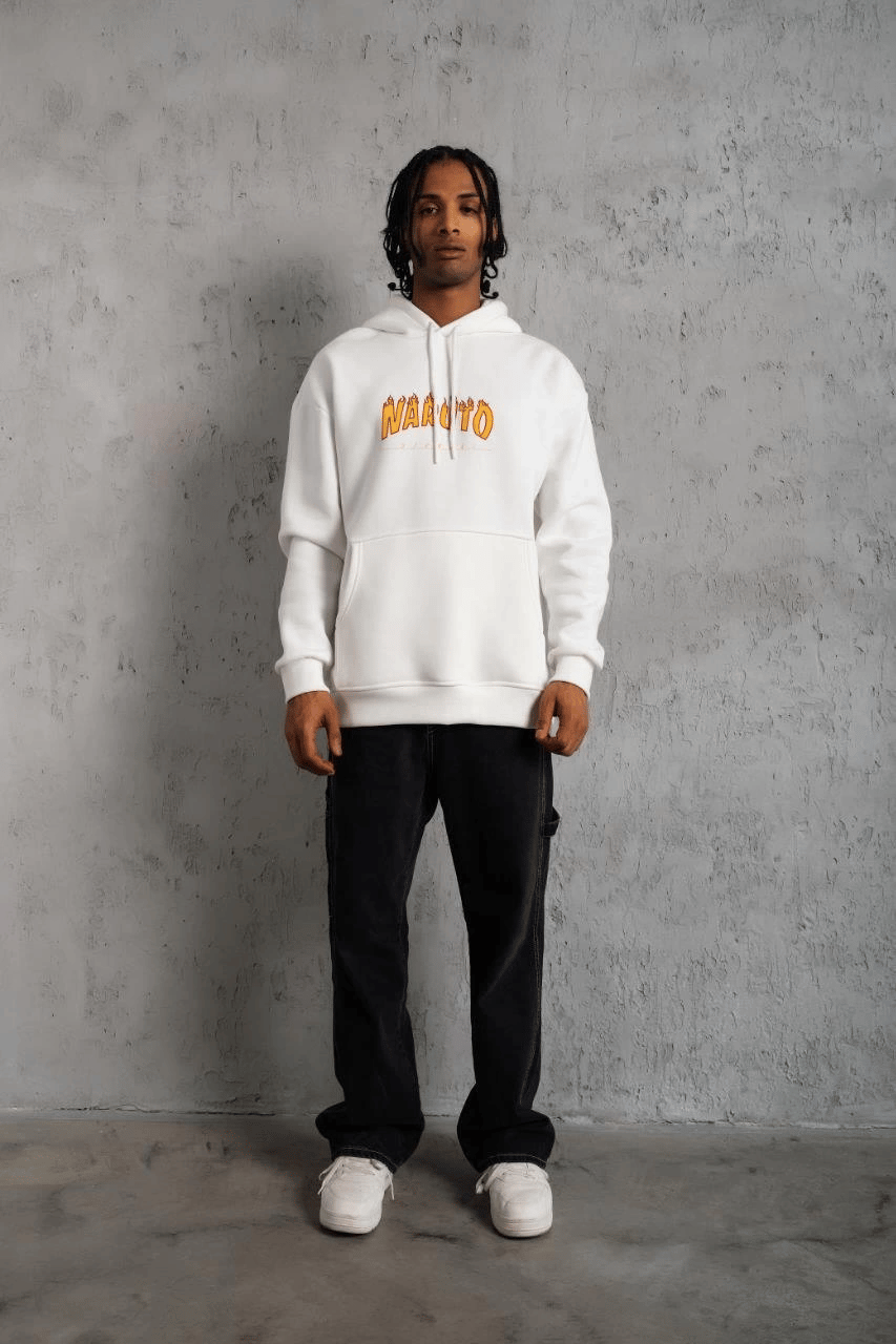 Erkek Baskılı Kapüşonlu 3 iplik pamuklu hoodie Sweatshirt - Beyaz