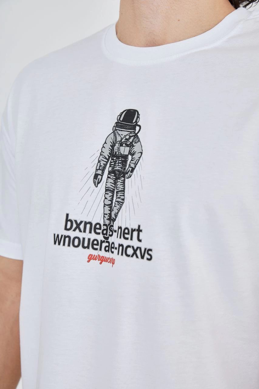 Erkek Baskılı T-Shirt Kısa Kol Bisiklet Yaka Regular Fit Rahat Kalıp Günlük Tişört - Beyaz