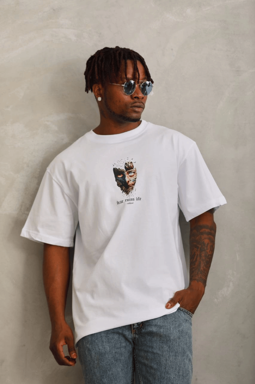 Erkek Baskılı T-Shirt Kısa Kol Bisiklet Yaka Regular Fit Rahat Kalıp Günlük Tişört - Beyaz