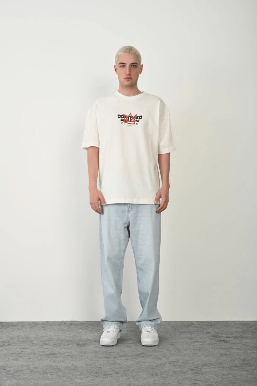 Erkek Baskılı T-Shirt Kısa Kol Bisiklet Yaka Rahat Kalıp Tişört  - Beyaz