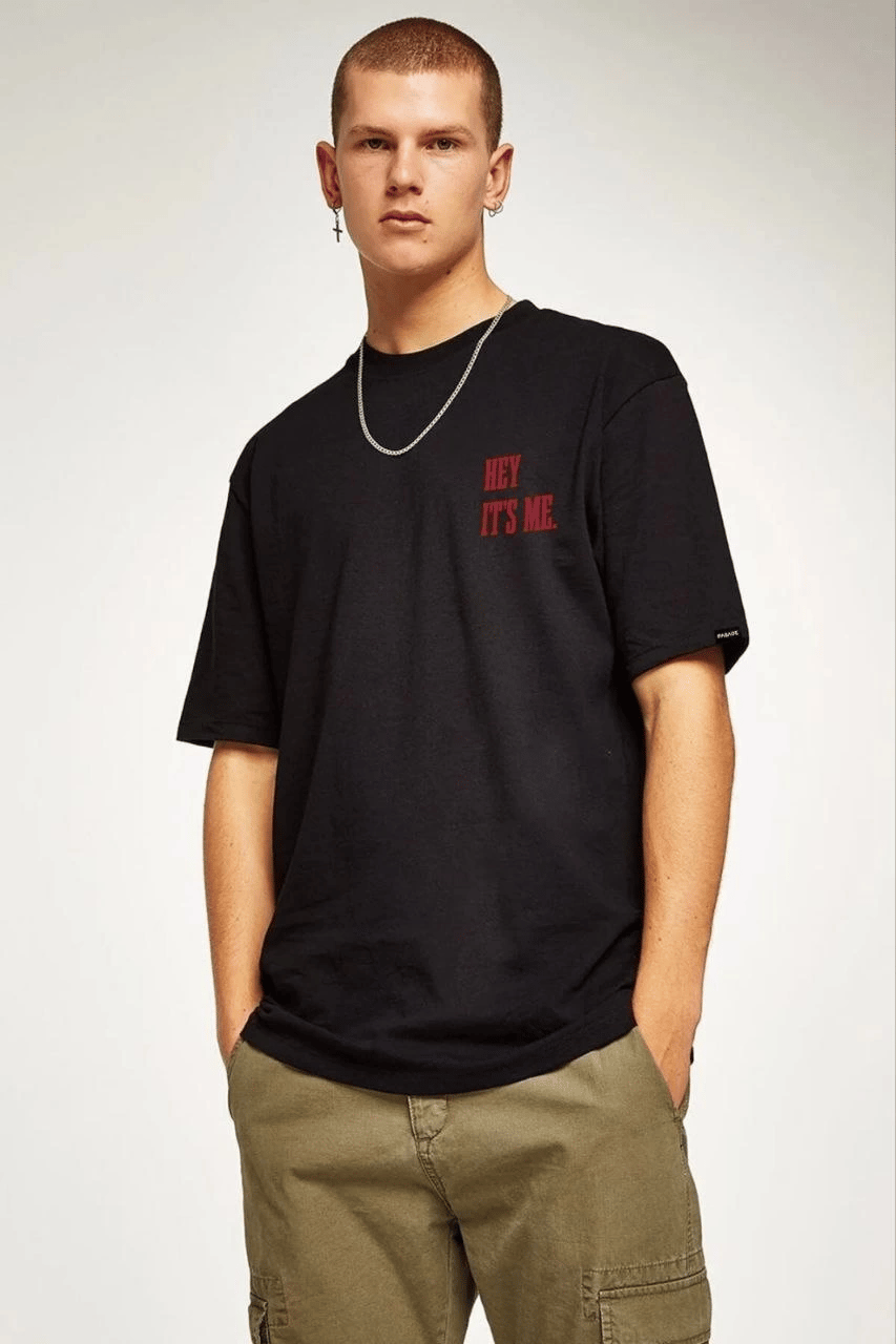 Erkek Baskılı T-Shirt Kısa Kol Bisiklet Yaka Regular Fit Rahat Kalıp Tişört - Siyah